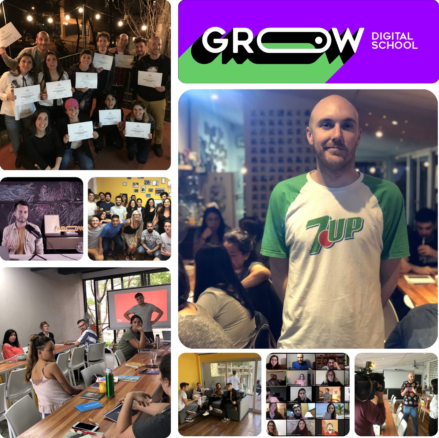 Grow: graduating students holding diplomas, classes in session, the podcast studio, a filming day, a Zoom class grid, and the school logo